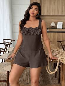 Weeklong Conjunto casual de primavera/verano con cuello cuadrado y decoración floral para mujer de talla grande - Marrón - Ver 6