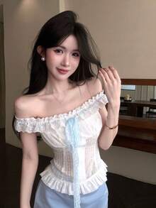 DAZY 女士露肩褶皱时尚百搭约会之夜上衣 - 白色 - 查看 2