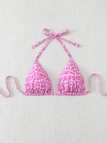 Swim Mod Plus Size Women Leopard Print Halter Backless Bikini Top - Multicolor - View 5