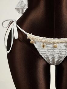 Zestiva 2pcs Women's Bikini Set: Spaghetti Strap Crop Top + Bottoms, Sexy Beach Party Swimwear, Spring/Summer, Mature Fashionable Retro Romantic Elegant, Spaghetti Strap Knotted Front Design, White Wavy High-Quality Fabric, Bohemian Beach Club Style - White - View 5