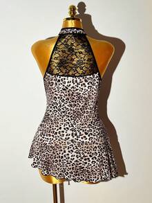 Bare Chapter 2pcs Plus Size Women Sexy Lace Chiffon Leopard Print Ruffle Hem Bodycon Dress Set - Multicolor - View 2