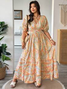 Vionelle Plus Size Boho Multicolor Random Print V Neck A Line Maxi Dress With Batwing Short Sleeves - Multicolor - View 5