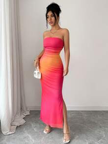 Rafferiza Women's Elegant Ruched Tie Dye Mesh Print Waist Cinched Strapless Party Split Dress - Pink - View 4