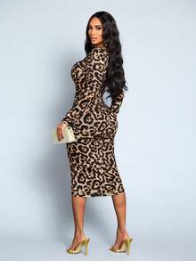 SOLERSUN 女士性感优雅撞色蕾丝豹纹方领修身中长裙，优雅通勤、休闲、约会、派对、性感浪漫，适合情人节、万圣节派对、春夏穿着。 - 棕色 - 查看 2