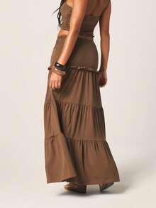 MISSGUIDED Bohemian Tiered Ruched Waistband Maxi Skirt With Gathered Layers And Flowing Silhouette For Casual Autumn Occasions Vacation Espresso Brown - Coffee Brown - View 3