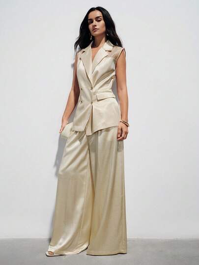 Aveloria Modichic 多功能优雅通勤高端设计亮面欧根纱拼接缎面透明双排扣女士西装外套