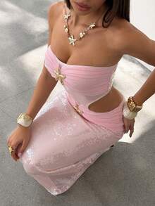 Bluhae 女士优雅性感度假亮片连衣裙，海星元素无肩带连衣裙，适合度假/日常/海滩穿着 - 粉色 - 查看 4