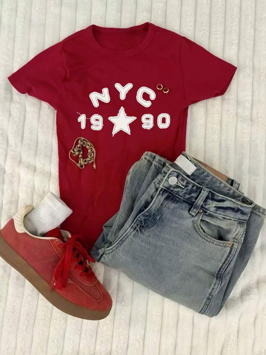 Glimmora 女士圆领字母数字图案休闲百搭日常短袖T恤 - 紅色 - 查看 1