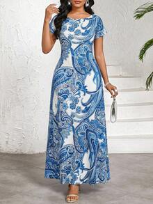 SHEIN Lady 女士印花优雅长连衣裙，圆领短袖，度假风夏季 - 藍白色 - 查看 4