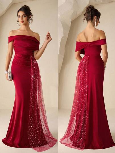 Coutiva Women's Off Shoulder Ruched Sequin Mesh Flounce Design Elegant Formal Evening Gown (Heavily Embellished) Off Shoulder Formal Dress Red Elegant Dress Red Wedding Guest Dress Red Carpet Dress Sexy Elegant Dress