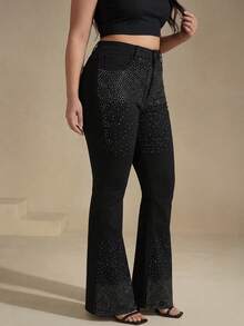 Slaydiva Pantalones vaqueros negros acampanados con diseño de cristales de degradado brillante, atuendo casual de verano para fiestas y vacaciones de verano para mujeres - Negro - Ver 4