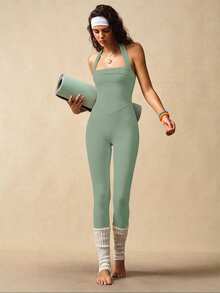 VARSIVA Women's Sexy Minimalist Solid Color Backless Halter Jumpsuit - Mint Green - View 4