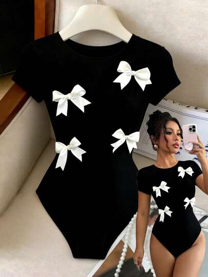 Elenzga Women's Bow Decor Round Neck Short Sleeve Bodysuit