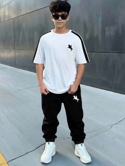 SHEIN Tween Boys Black & White Street Style Letter Print Pants And T-Shirt Set, Casual, School, Travel, Outdoor Sports Friendly, Comfortable, Soft Fabric, Versatile, Suitable For All Seasons