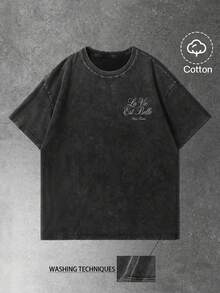 Manfinity EMRG Young Men's Street Style, Minimalist Design Cotton Fabric Short Sleeve T-Shirt With Distressed Wash Effect, Casual And Relaxed Street Style, Suitable For Daily Wear, Leisure, Fashion Outfit, Street Style, Holiday Gift - Black - View 2