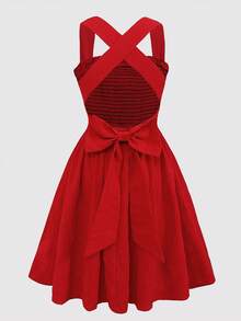 Girlism 少女红色编织纹理雪纺吊带露背蝴蝶结装饰腰部A字度假连衣裙 - 紅色 - 查看 5