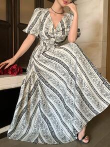 DAZY 女士优雅印花花瓣袖扭结连衣裙，夏季 - 黑與白 - 查看 1