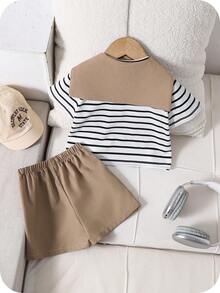 SHEIN 3件套/男女宝宝夏季可爱条纹短袖上衣、松紧腰短裤、披肩，适合生日派对、晚宴、演出、婚礼、满月、洗礼、一周岁生日庆祝、迎婴派对等场合。 - 彩色 - 查看 2