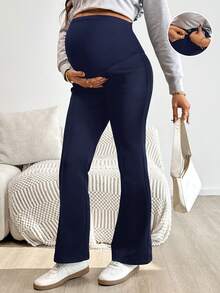 Modmama Maternity Solid Color Adjustable Waist Casual Flare Pants - Navy Blue - View 2