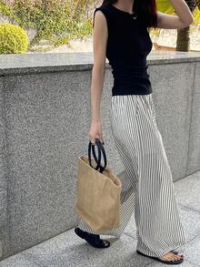 DAZY 2pcs Women Set Solid Color Round Neck Short Sleeve T-Shirt And Striped Pants Summer Lounge Sets For Women Short Sets For Women - Black - View 3