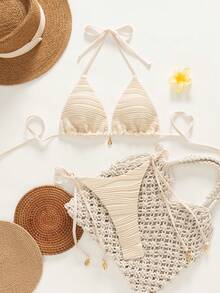 Swim Vcay 春假纯色纹理比基尼泳装 - 杏色 - 查看 6