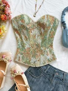 Soleia Áo croptop quây ngực kiểu cung đình cổ điển dành cho nữ, in họa tiết hoa jacquard nhiều màu sắc, có cúc và dây buộc phía sau. - màu xanh lá - Xem 4