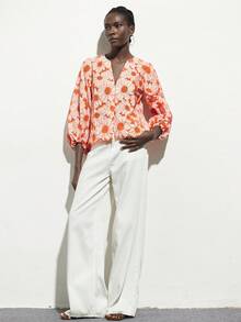 Aveloria Modichic New Winter V-Neck Romantic Random Daisy Embroidery Elegant Hem Lace Hollow Blouse - Orange - View 4