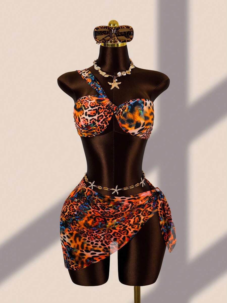 Zestiva Women's Leopard Print Asymmetric One-Shoulder Swimwear With Mesh Skirt, 3-Piece Fashionable Sexy Beachwear Set - Multicolor - View 1