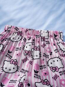 HELLO KITTY AND FRIENDS | SHEIN 少女可爱卡通条纹印花撞色滚边翻领短袖衬衫短裤套装，夏季 - 淺粉色 - 查看 7
