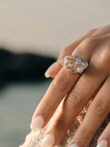Opalesca Anillo exclusivo con concha irregular y perla con temática oceánica, premium/elegante/elegante/uso diario/minimalista, perla/cristal, verano/playa/baile de graduación/fiesta/vacaciones, compromiso/boda/promesa, novia, corazón/floral, Fairycore/Mermaidcore, chapado en oro de 18K - Plateado - Ver 5