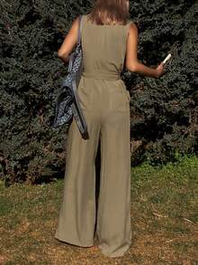 Livesso Women's Sleeveless Collared Jumpsuit With Waist Cinching - Green - View 2