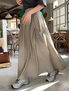 Livesso 女士系带宽松弹力腰休闲半身裙，夏季 - 卡其色 - 查看 1