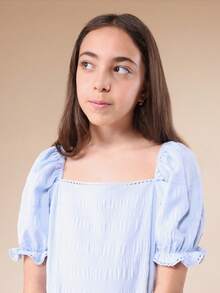 SUMWON Tween Girls Light Blue Smocked Square Neck Puff Sleeve Tiered Midi Dress With Ruffle Details And White Trim - Baby Blue - View 5