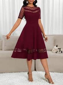 SHEIN Lady 女士网纱拼接短袖A字连衣裙 - 酒紅色 - 查看 4
