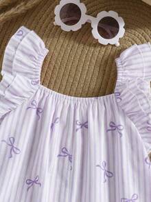 Baby Girl Summer Cute Light Purple & White Striped Bow Ruffle Trim Romper - Mauve Purple - View 4