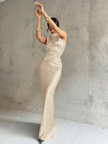 Firerie 女士优雅通勤套装，无袖褶皱领高低摆条纹衬衫搭配褶皱腰身超长鱼尾裙，蓝色缎面套装，优雅通勤女装，春夏秋季服装，优雅，通勤，性感，波西米亚风，音乐节，浪漫，约会，派对，婚礼季，毕业礼服，舞会，演出服，演唱会，工作服，返校季，女士度假套装，女士生日套装，女教师套装 - 杏色 - 查看 8