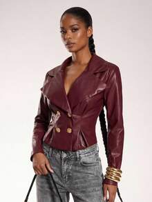 Normani 撞色极简夹克，长袖外套，适合初秋穿着，酒红色大衣，女士夹克，外出，新年女装，圣诞节女装，女士冬季夹克，女士冬季，秋季女装，安科拉复古风格夹克，酒红色PU夹克，适合通勤和休闲优雅场合，金属纽扣腰部PU夹克 - 酒紅色 - 查看 6