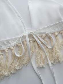 Elenzga Bộ đồ 2 mảnh dành cho nữ: Áo croptop cổ yếm tua rua buộc dây phía sau và chân váy xếp tầng cạp chun, trang phục đi biển màu trắng thanh lịch, thoải mái cho mùa hè. - Màu be - Xem 4