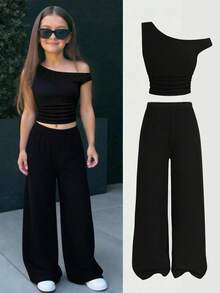 SHEIN Tween Girls Black Ribbed Knit Asymmetric-Shoulder Ruched Cropped Top And Wide Leg Pants 2 Pieces Casual Vacation Outfit Set - Black - View 1