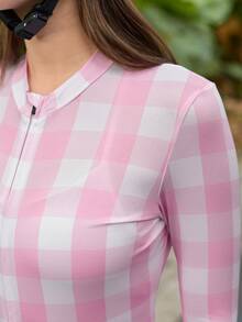 Exploreva Women's Long Sleeve Cycling Jersey - Pink Plaid - Pink - View 3
