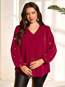 Miaspire Women's Plus Size Burgundy Elegant Blouse,Formal V-Neck Faux Pearl Decor Lantern Sleeve Solid Color Top For Autumn Winter Christmas New Year Cozy - Burgundy - View 5