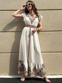 Solivie 女士优雅褶皱短袖抽绳腰水果印花连衣裙，春夏度假连衣裙 - 彩色 - 查看 5