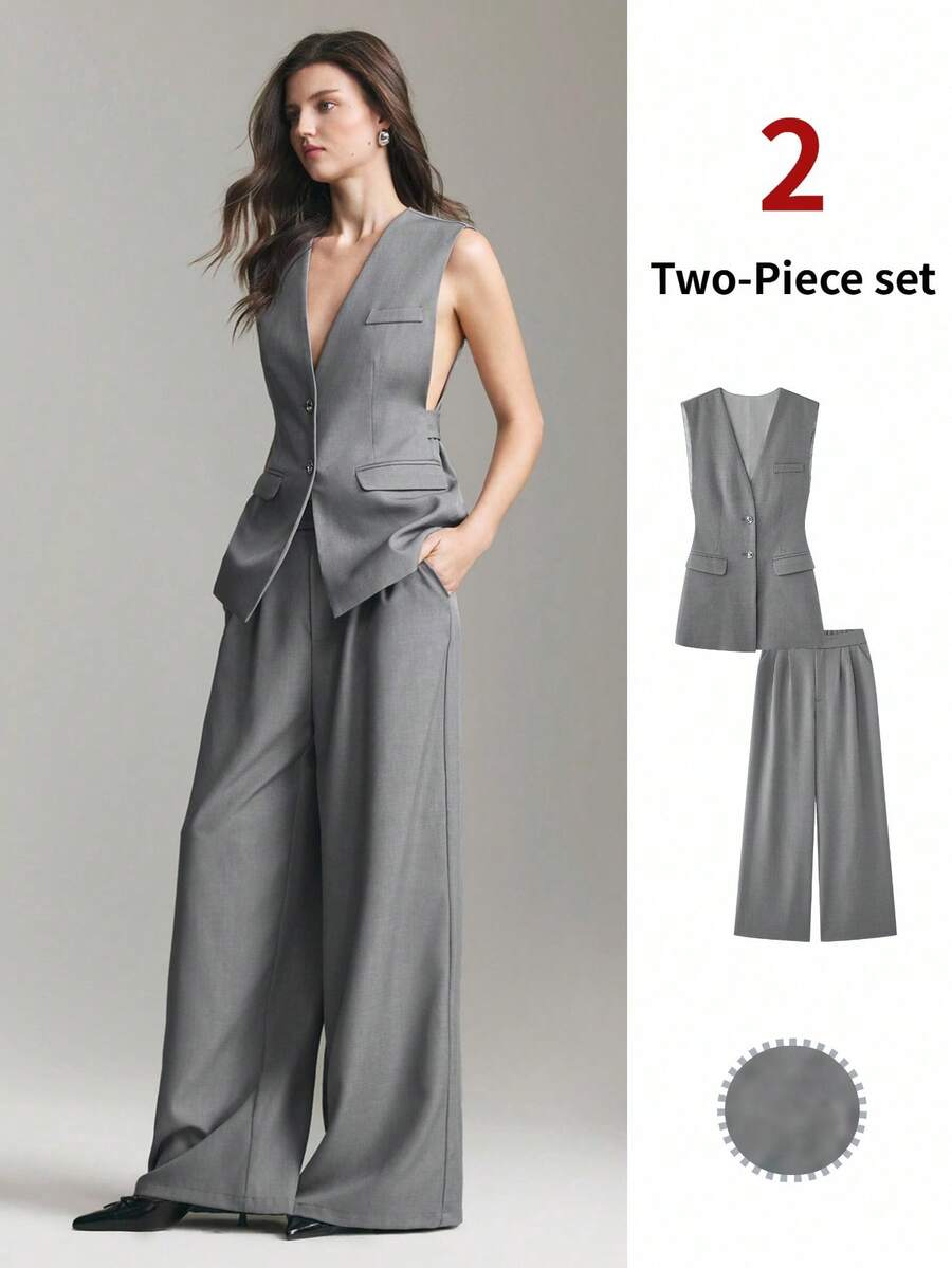 Ontre 2026春夏新款女士梭织面料西装背心阔腿裤套装，灰色设计感十足，适合情人节、婚礼季、节日庆典、独立日等场合，打造都市时尚简约通勤风。 - 灰色 - 查看 1