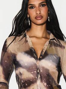 KIZN Women's Long Sleeve Tie Dye Marble Print Collared Button Up Ribbed Bodysuit With Abstract Pattern - Multicolor - View 5