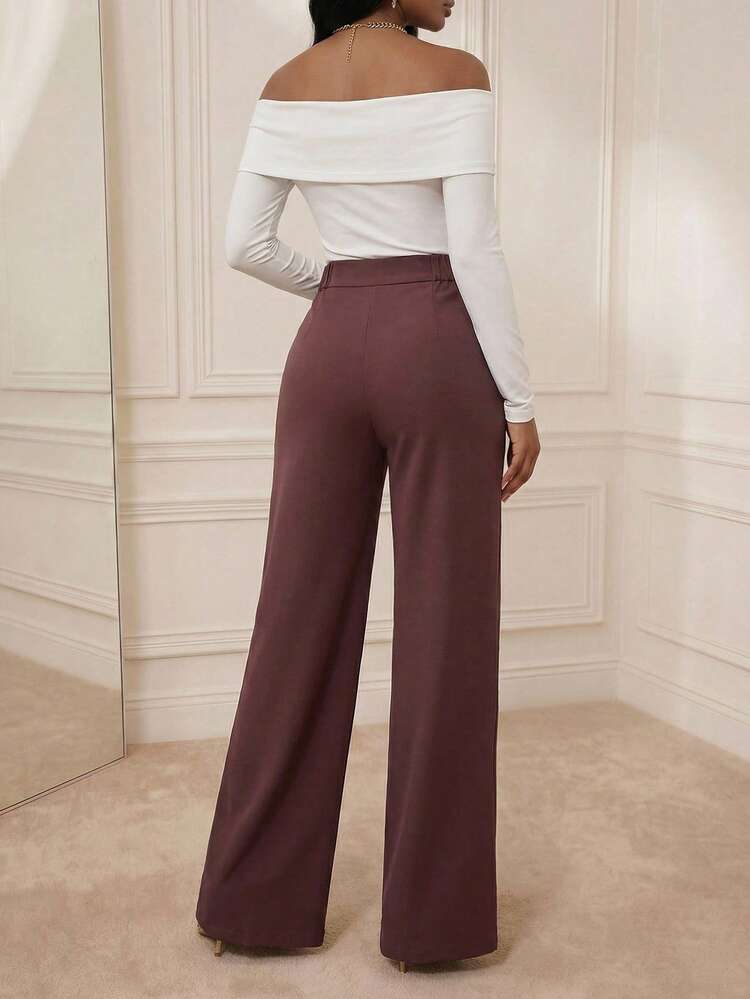 Anewsta Women's High-Waisted Wide-Leg Pants In Burgundy, Luxurious Crystal Floral Decor, Elegant Spring/Summer Formal Wedding Guest Party