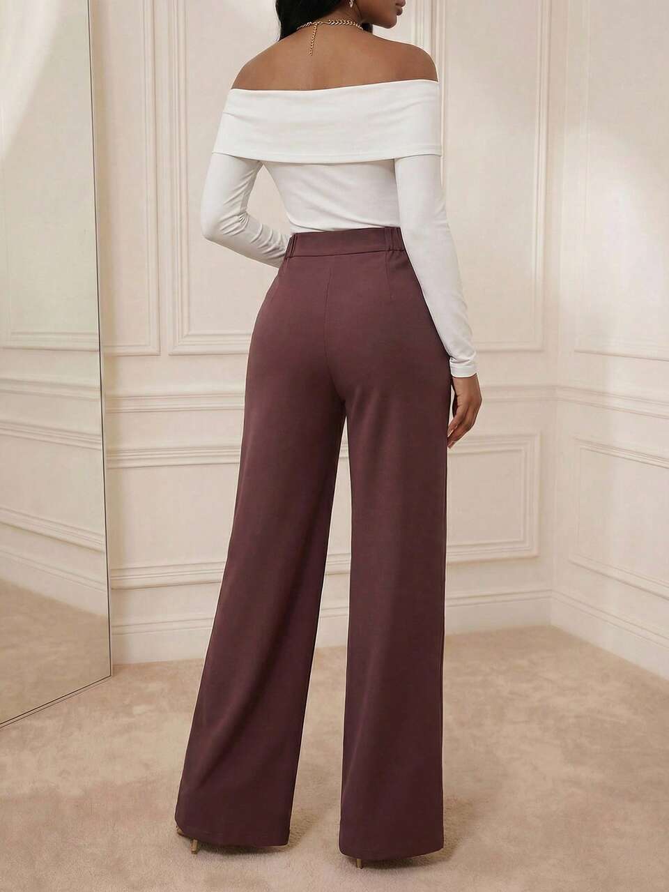 Anewsta Women's High-Waisted Wide-Leg Pants In Burgundy, Luxurious Crystal Floral Decor, Elegant Spring/Summer Formal Wedding Guest Party