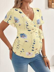 SHEIN Áo thun ngắn tay cổ chữ V in hoa dành cho bà bầu, kiểu dáng thường ngày, có chức năng cho con bú, thích hợp mặc hàng ngày. - Màu vàng - Xem 5