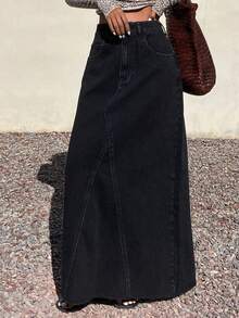 DAZY Chân váy denim dài rộng rãi, kiểu dáng thường ngày, chất liệu denim đã qua xử lý, dành cho nữ. - màu đen - Xem 1