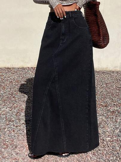 DAZY Chân váy denim dài rộng rãi, kiểu dáng thường ngày, chất liệu denim đã qua xử lý, dành cho nữ.