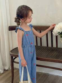 LMoss Kids Young Girl Cherry Print Ruffle Armhole Loose Wide Leg Denim Jumpsuit, Spring/Summer,Summer Outfits,Casual And Fashionable Vacation Outfits,Street Wear,2000s Style ,Comfortable And Soft Denim,Comfortable And Soft Denim   Jumpsuit,Girl Jumpsuit - Light Wash - View 2